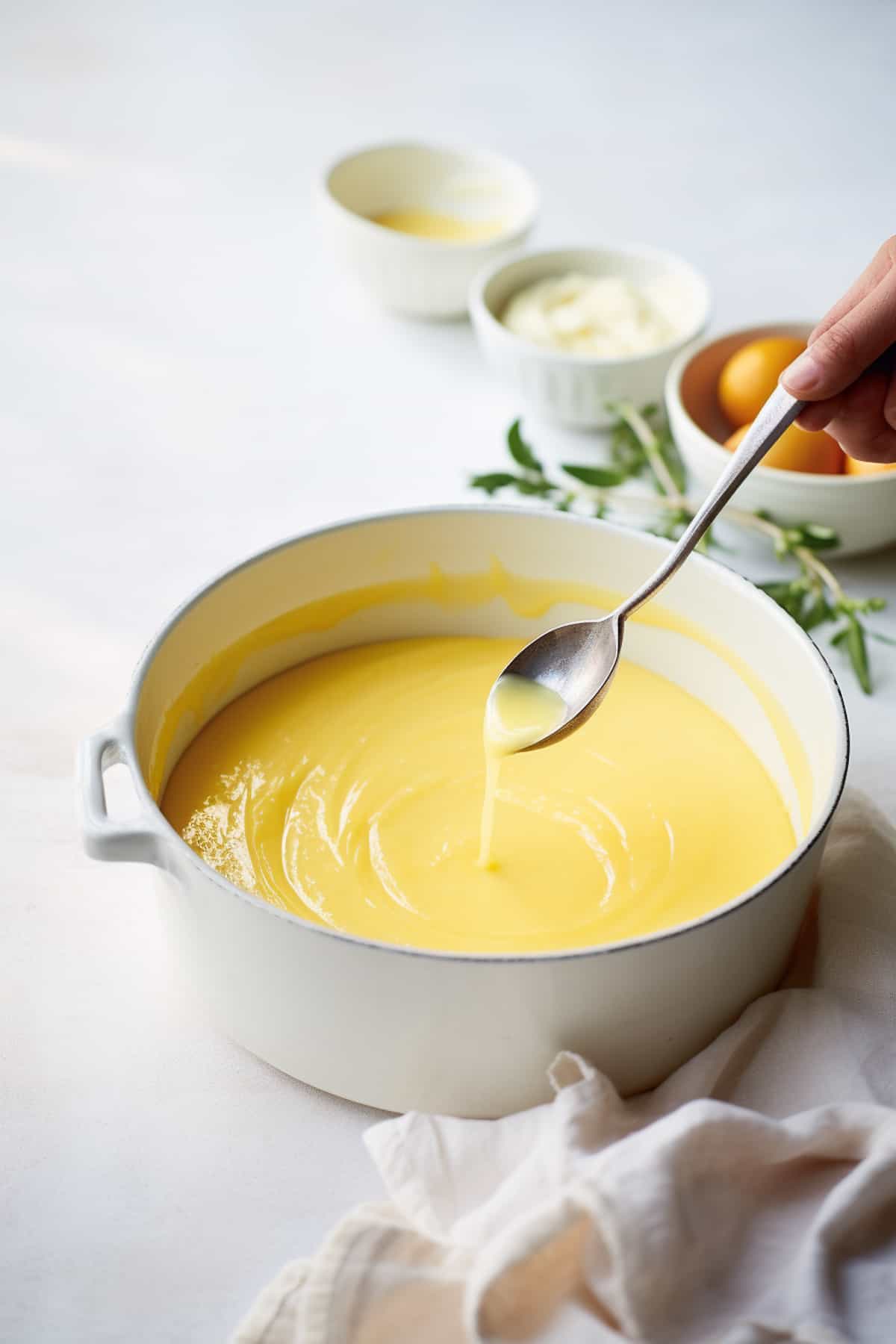 Passion fruit curd with butter whisked into it.