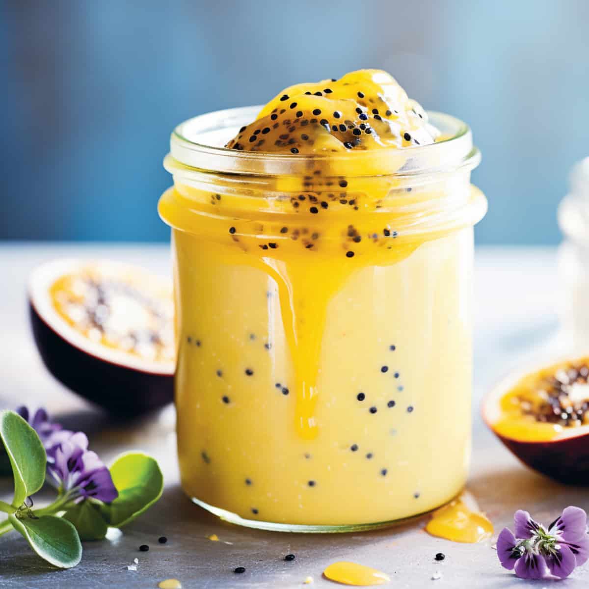 Passion fruit curd in a glass jar.