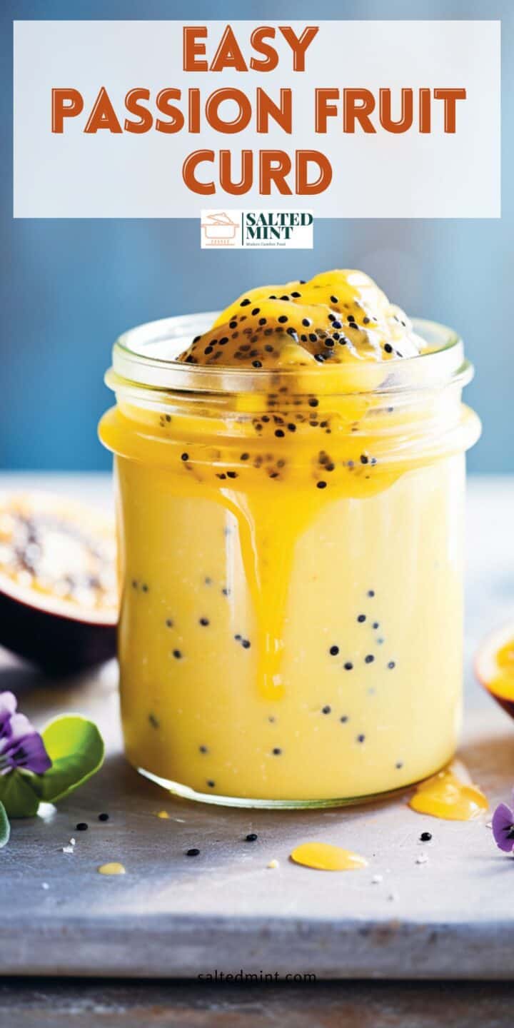 Passionfruit curd in a jar with text overlay.