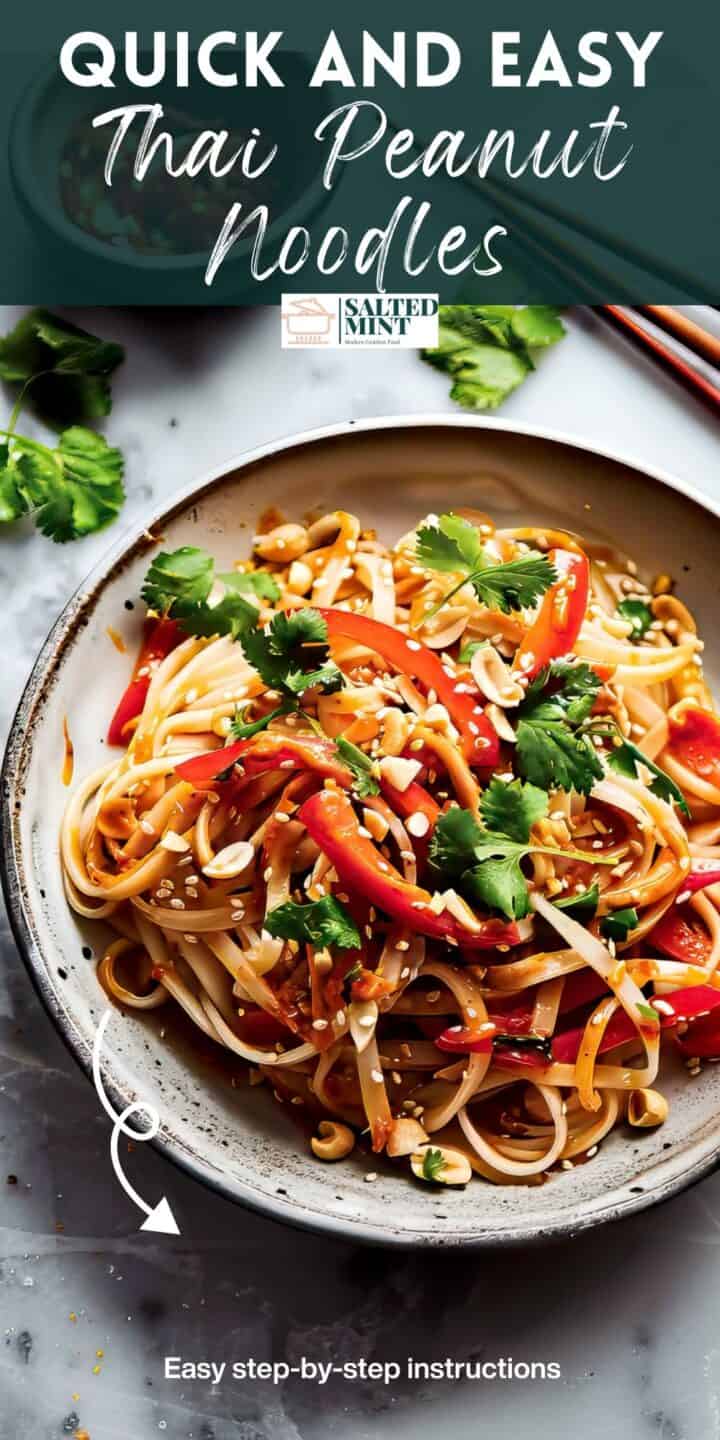 Easy Thai peanut noodles with herbs in a white bowl with text overlay.