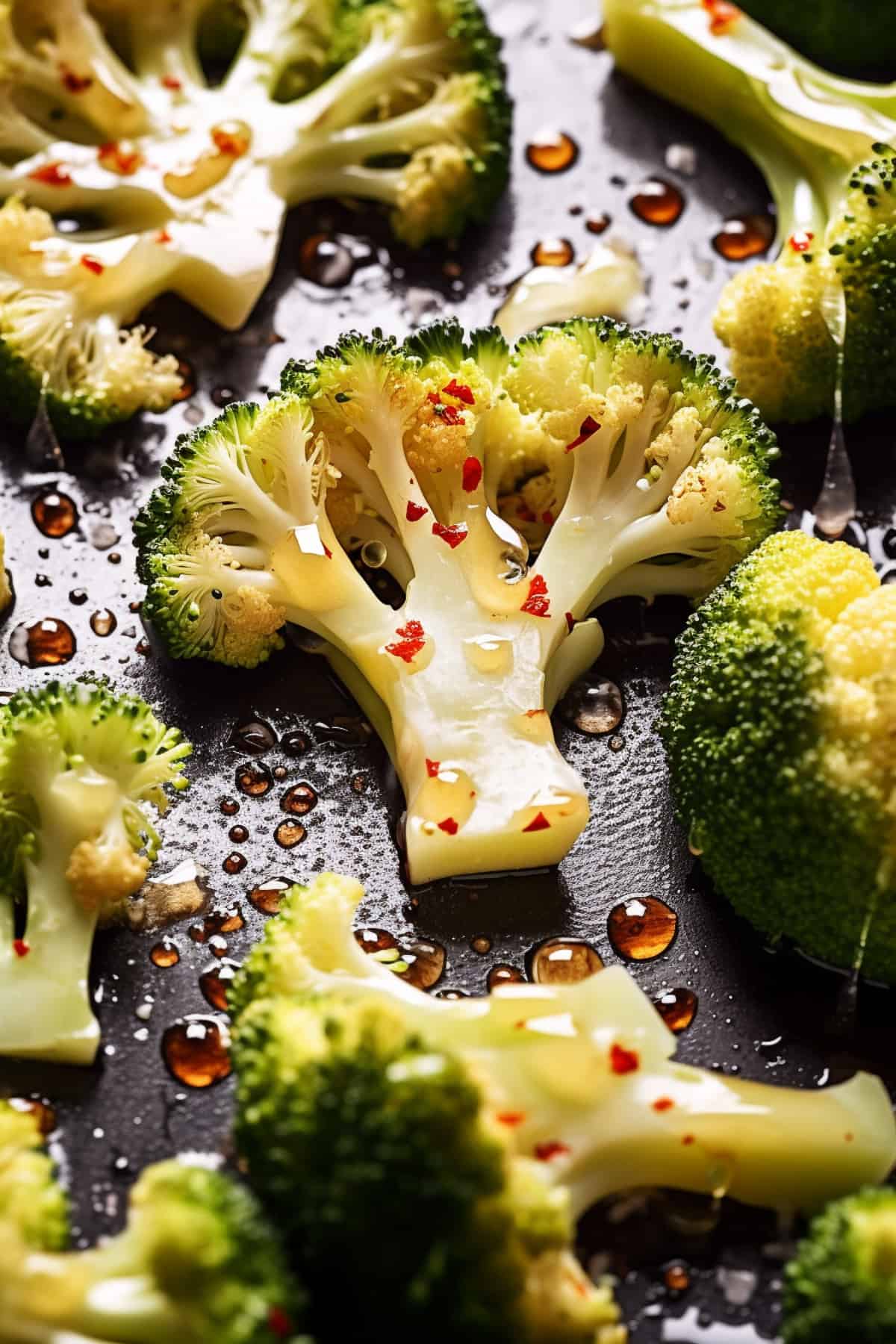 Broccoli and cauliflower on a baking tray drizzled with olive oil.