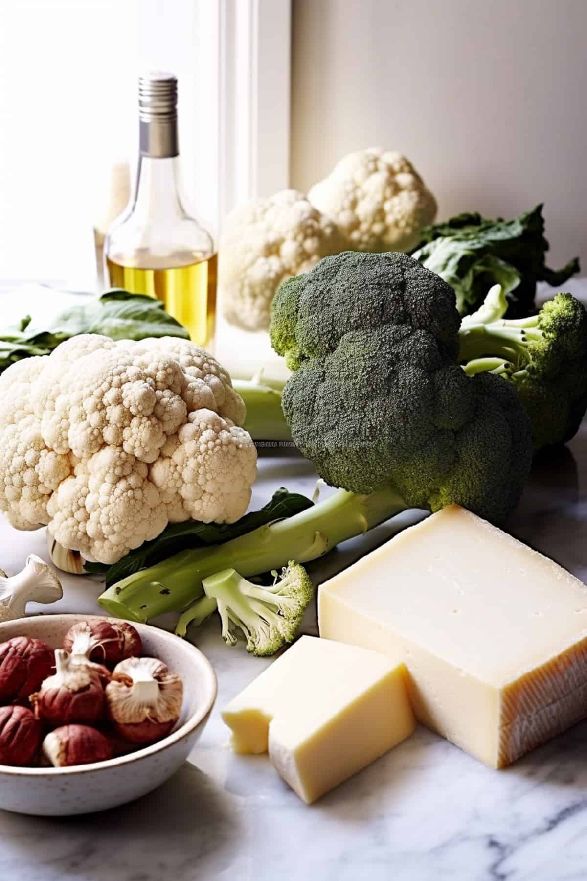 Ingredients for roasting broccoli and cauliflower.