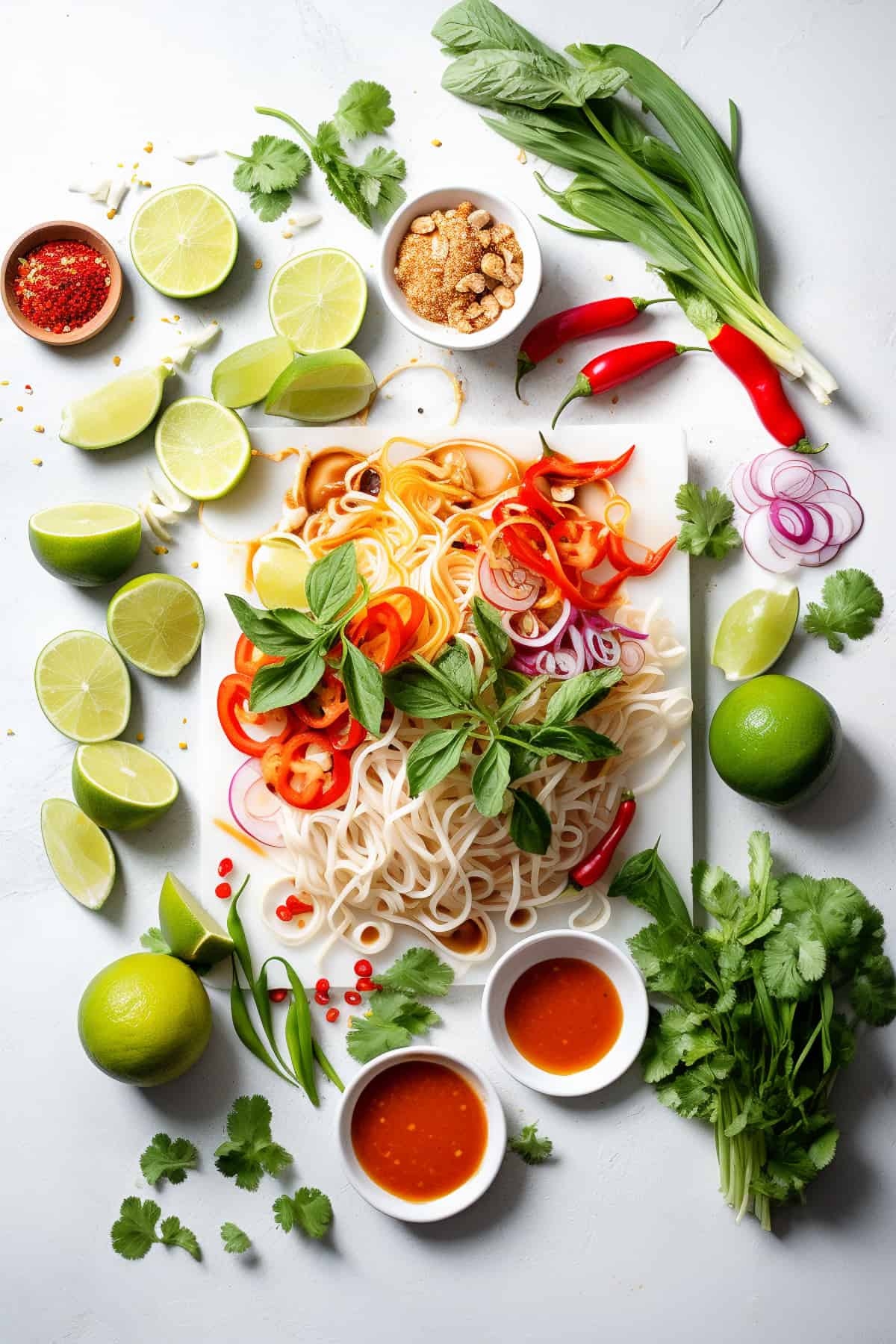 Ingredients for Thai Peanut noodles on a table.
