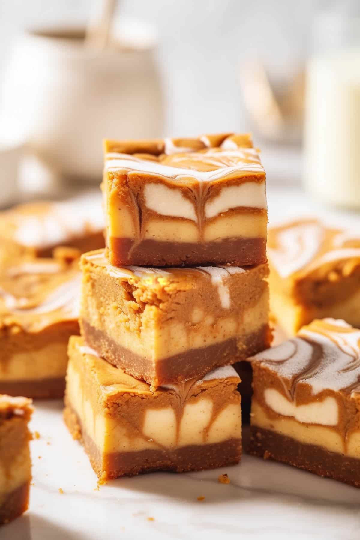 Pumpkin cheesecake bars in a stack with a glass of milk.
