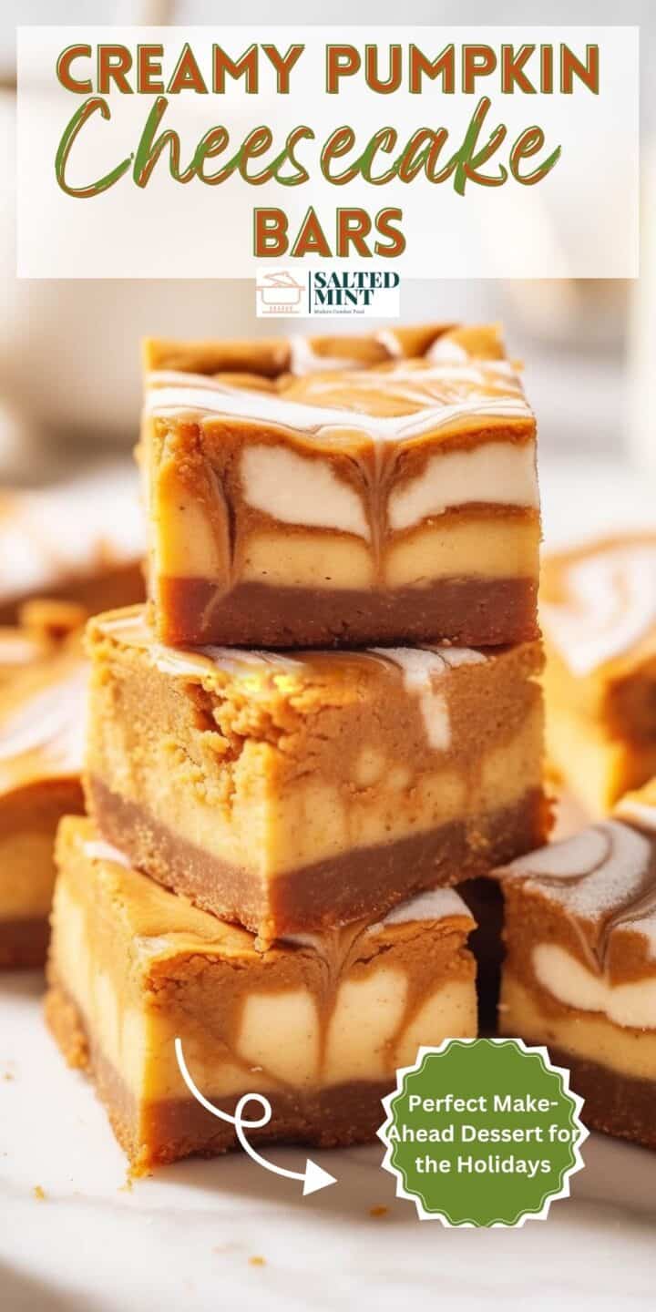 Pumpkin cheesecake bars with text overlay.