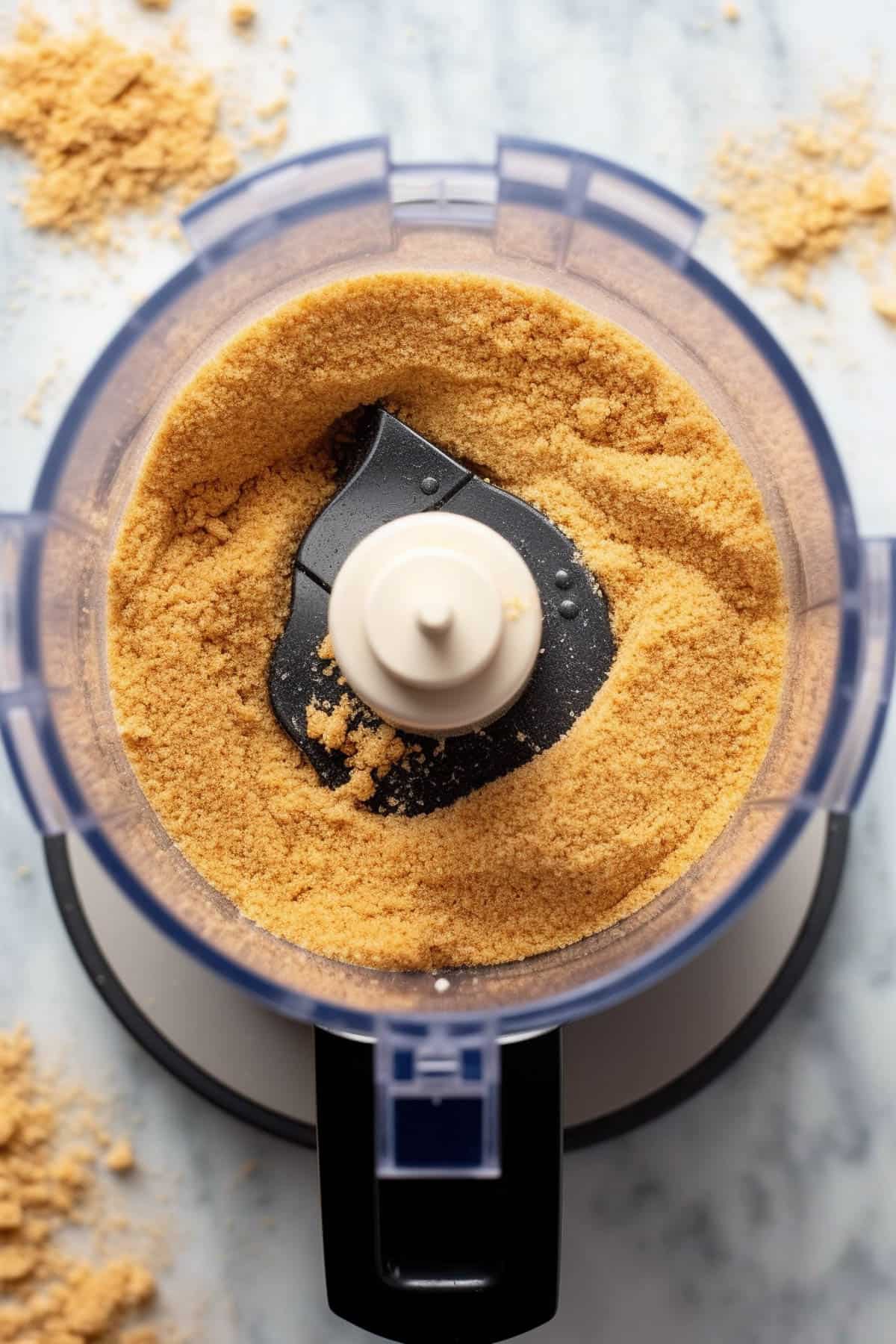 Blending graham crackers to make cheesecake crust.