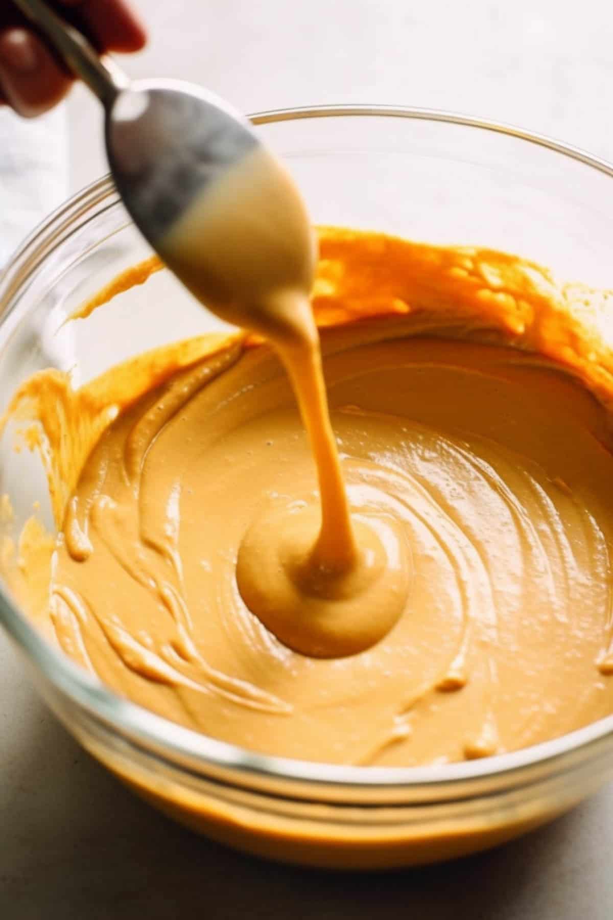 Pumpkin cheesecake batter in a bowl.