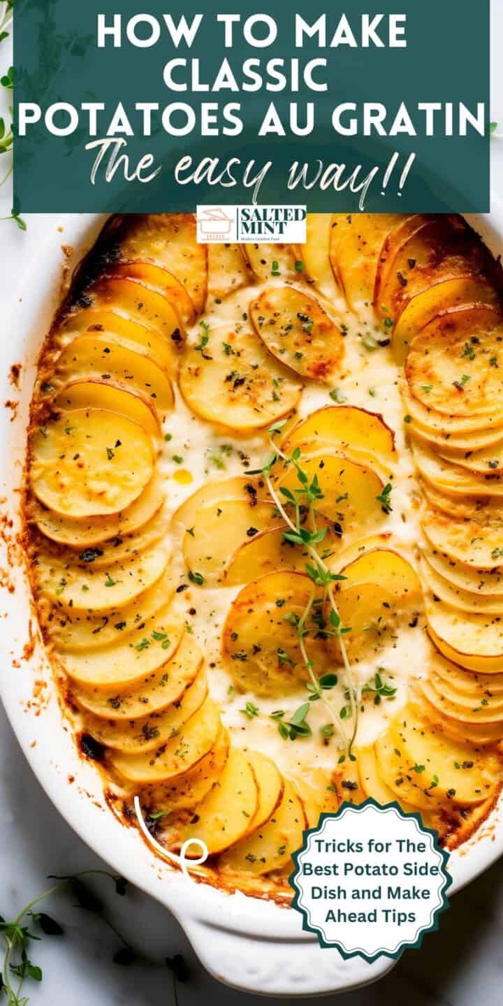 Easy potatoes au gratin with gruyere in a white baking dish.