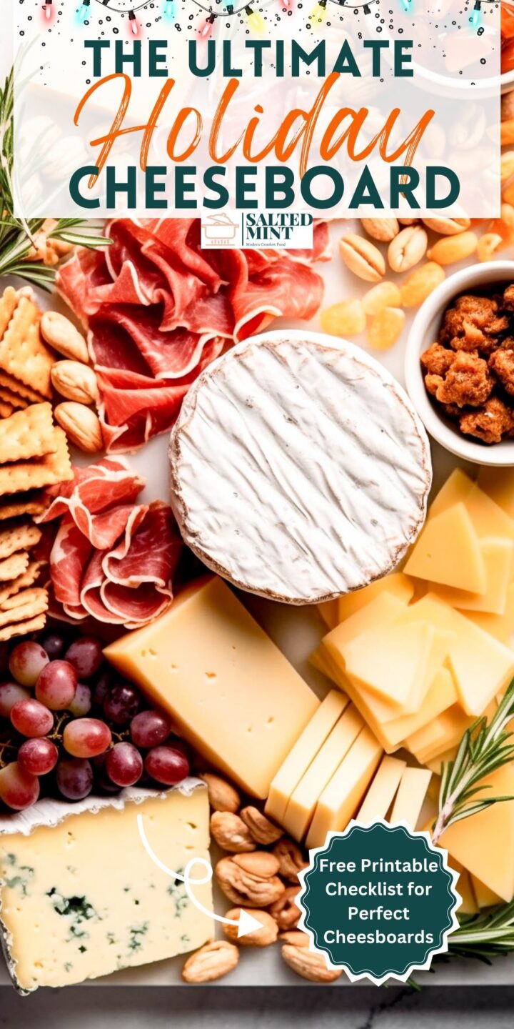 Cheeses and charcuterie on a Cheeseboard with crackers.