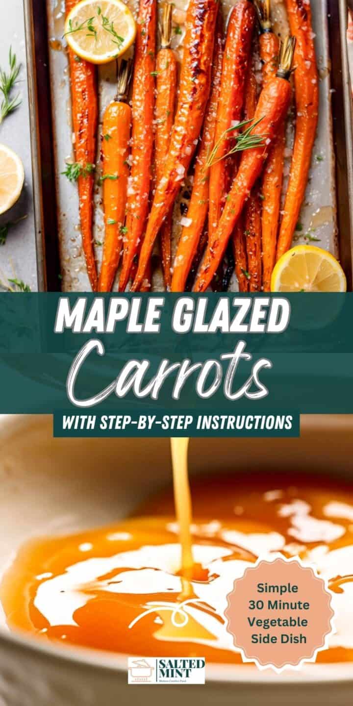 Maple-glazed carrots with thyme and sea salt on a baking tray.