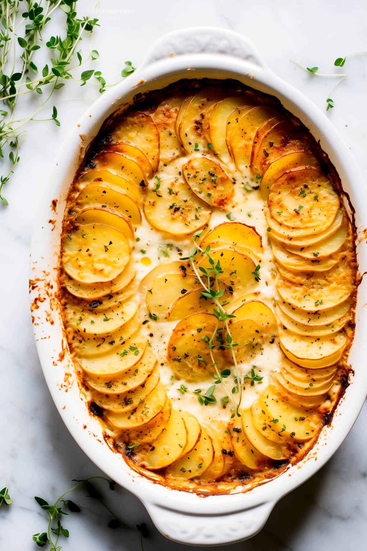 Potatoes au gratin with gruyere in a baking dish with fresh thyme.