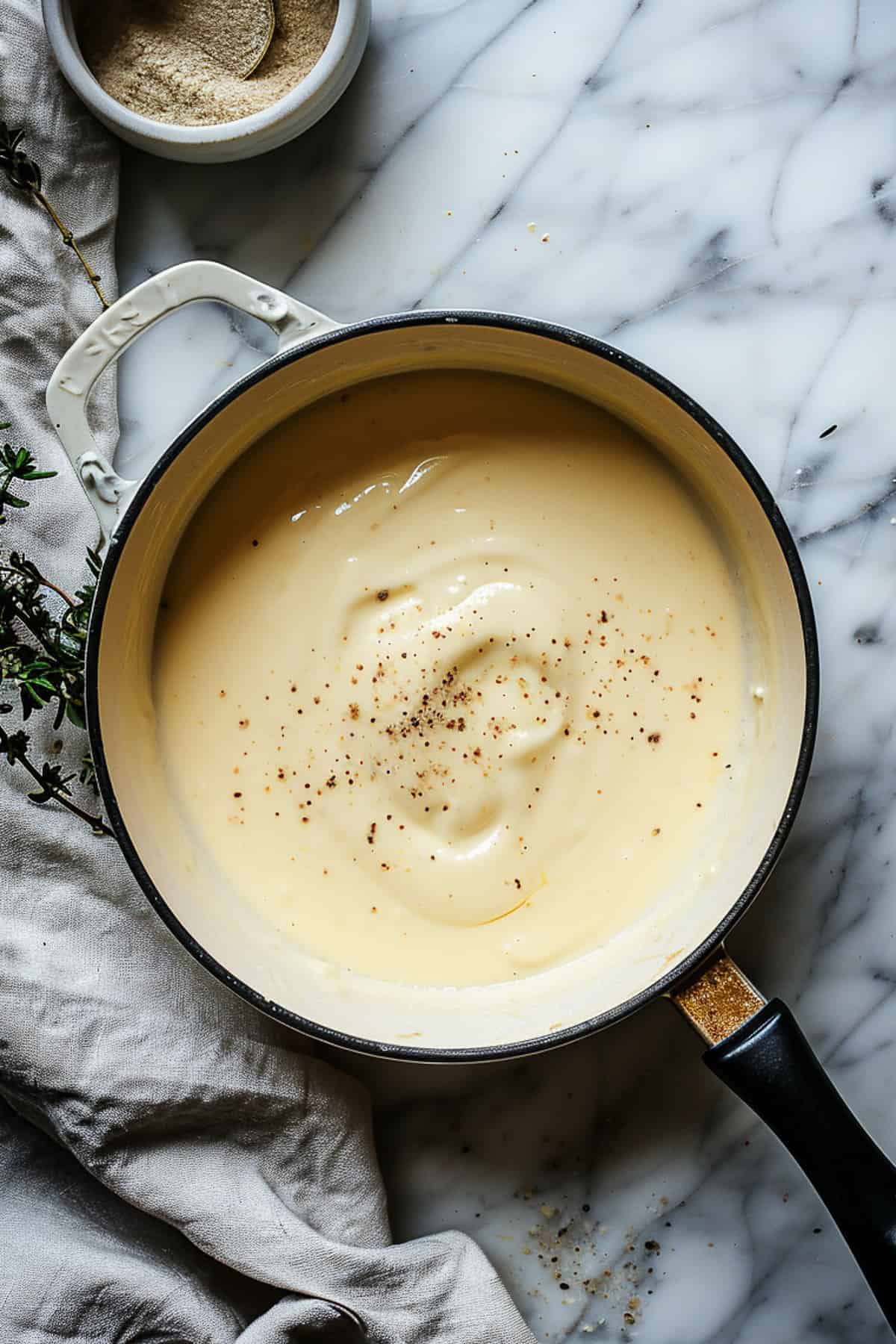 Easy bechamel sauce made without flour in a sauce pan with pepper.