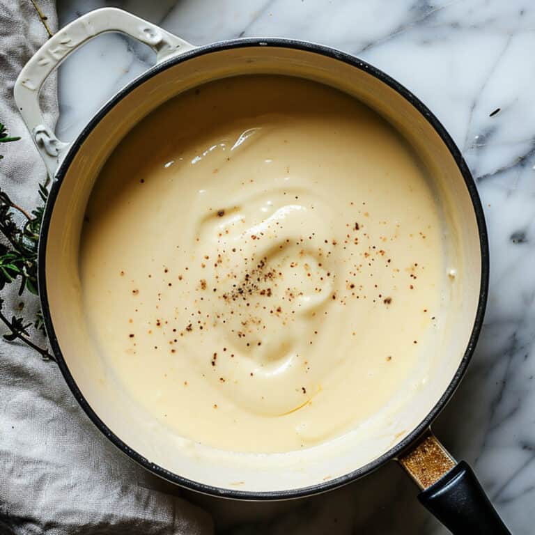 Easy bechamel sauce made without flour in a sauce pan with pepper.