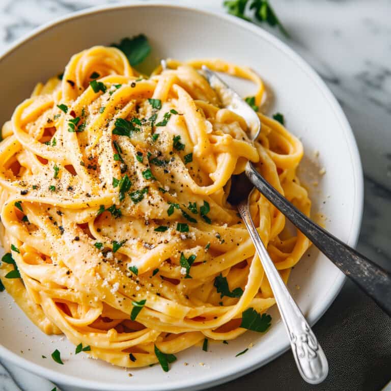 Creamy pumpkin alfredo with parmesan cheese in a white bowl.