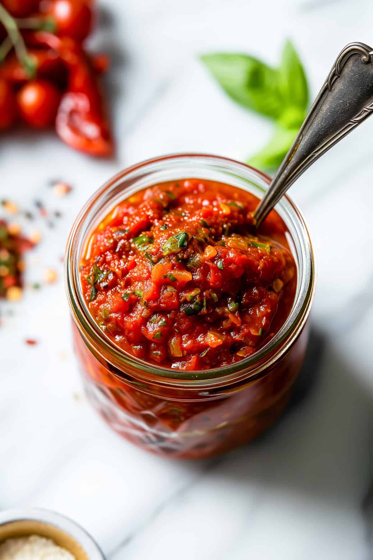 Homemade Arrabbiata pasta sauce in a glass jar.