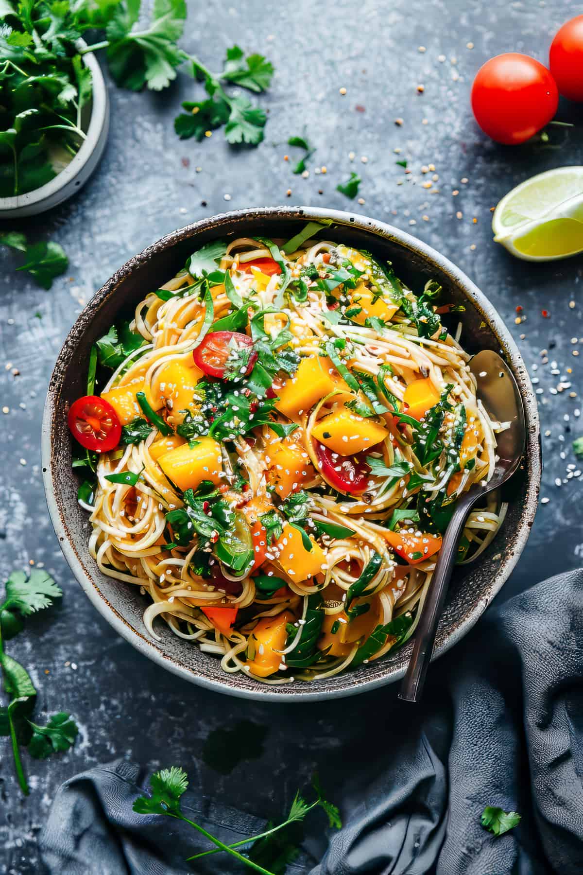 Asian noodle salad with mango and vegetables.