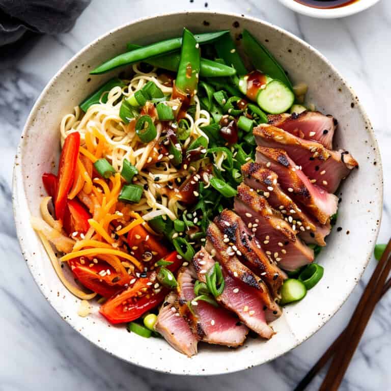 Seared Asian tuna noodle bowls with soy sauce.