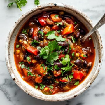 Black bean chili with vegetables in a bowl.