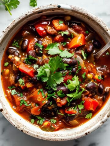 Black bean chili with vegetables in a bowl.