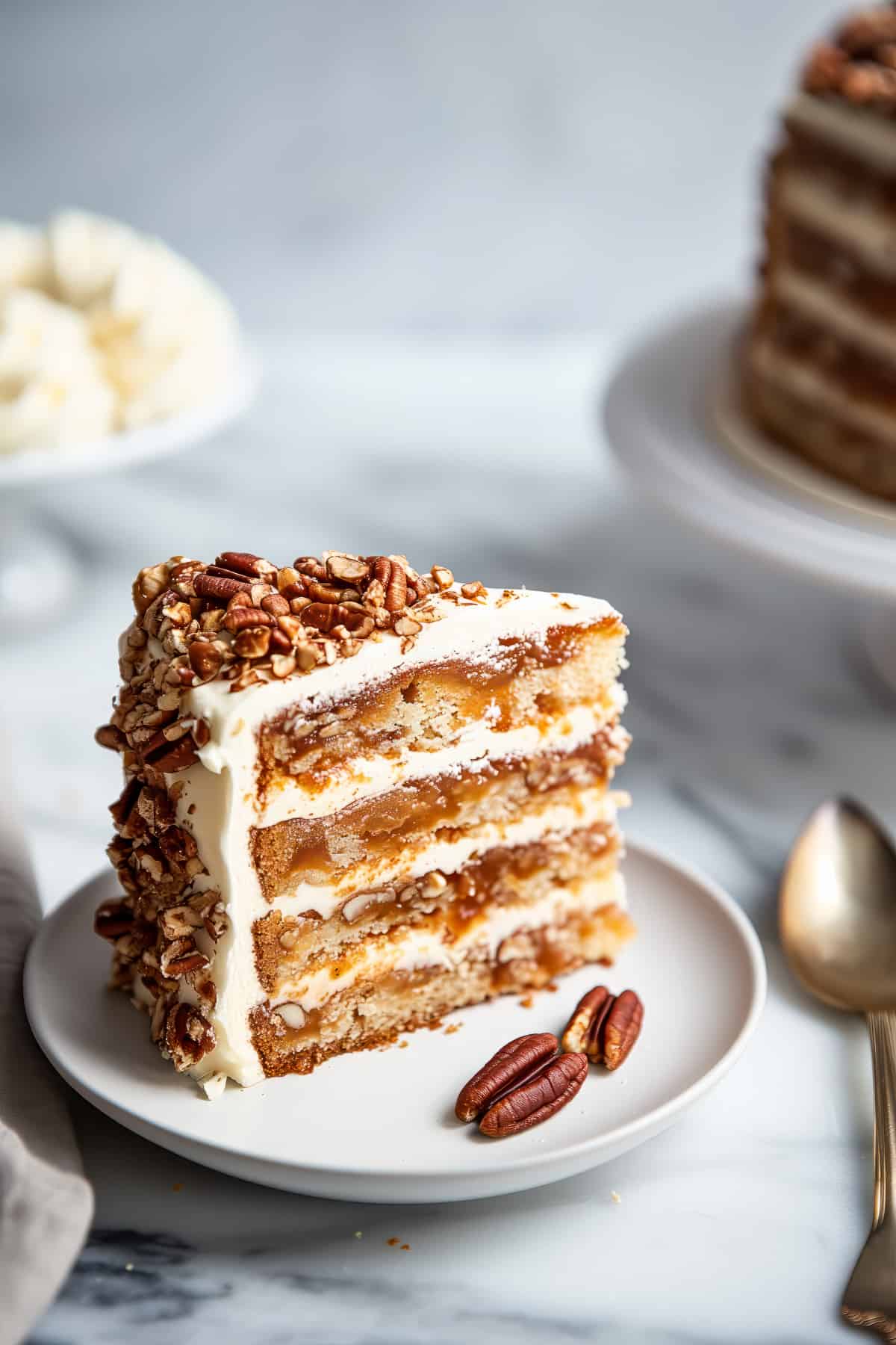 Soft and fluffy butter pecan cake with caramel sauce.