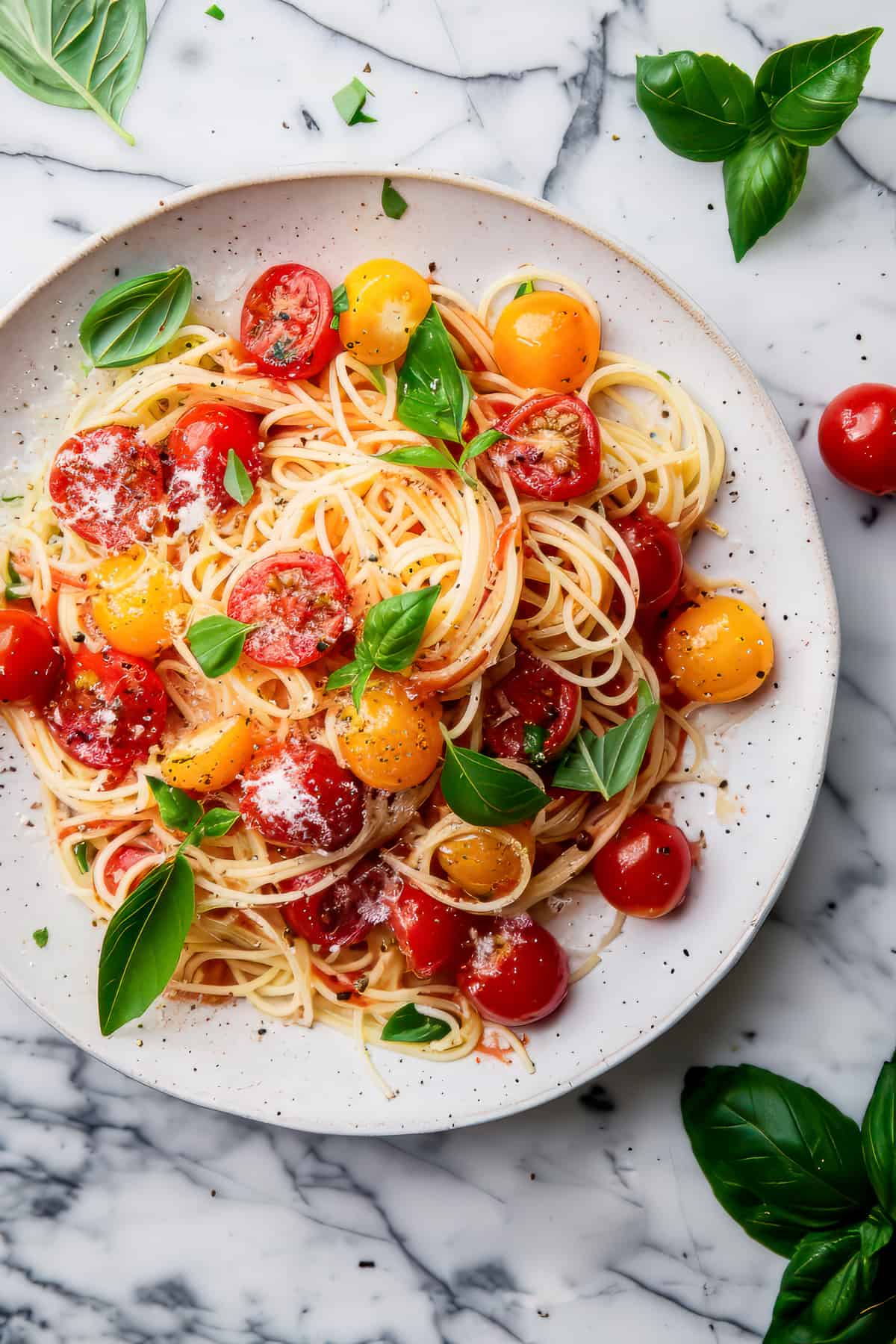 Cherry tomato pasta with basil and parmesan.