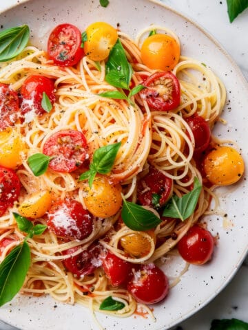 Cherry tomato pasta with basil and parmesan.