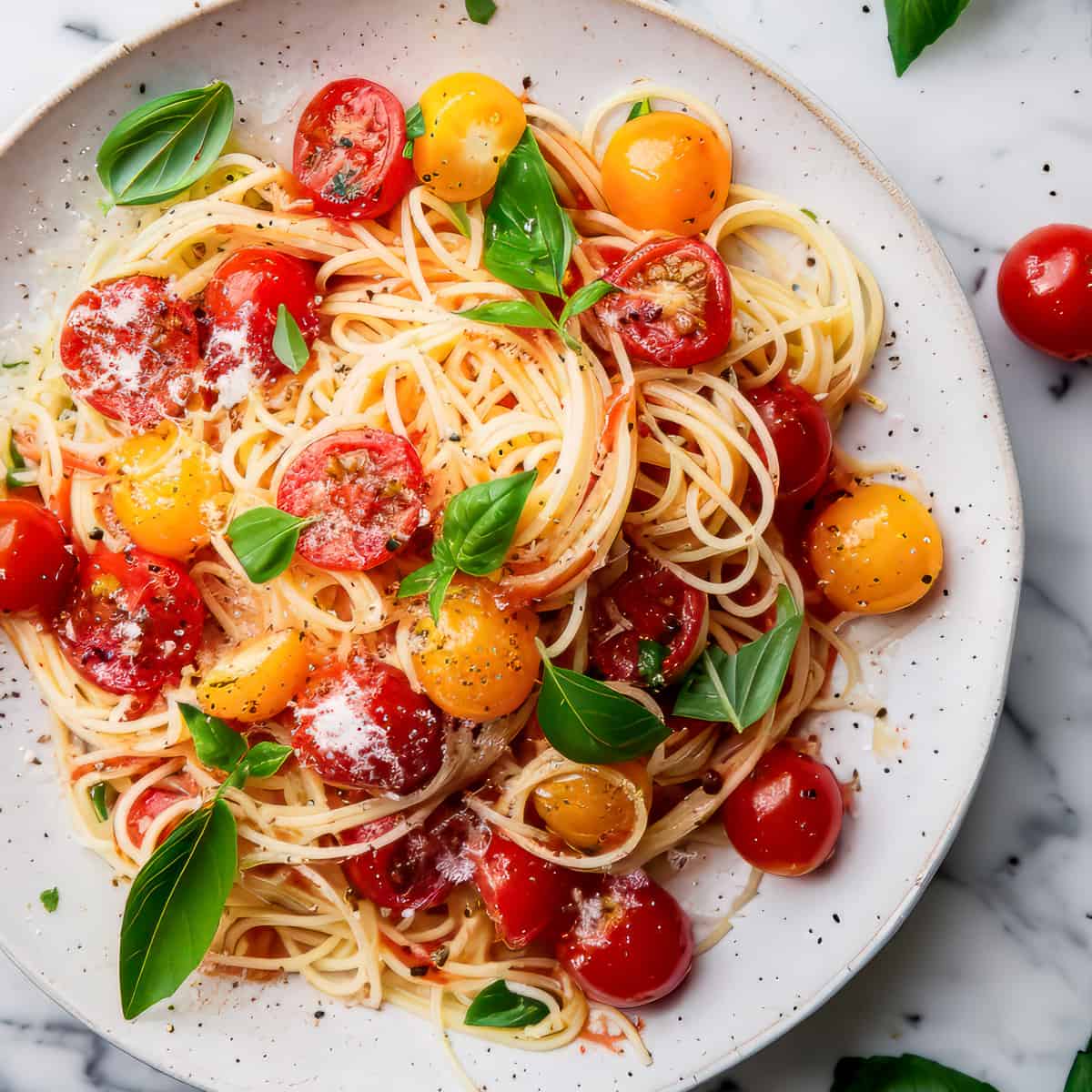 Cherry tomato pasta with basil and parmesan.
