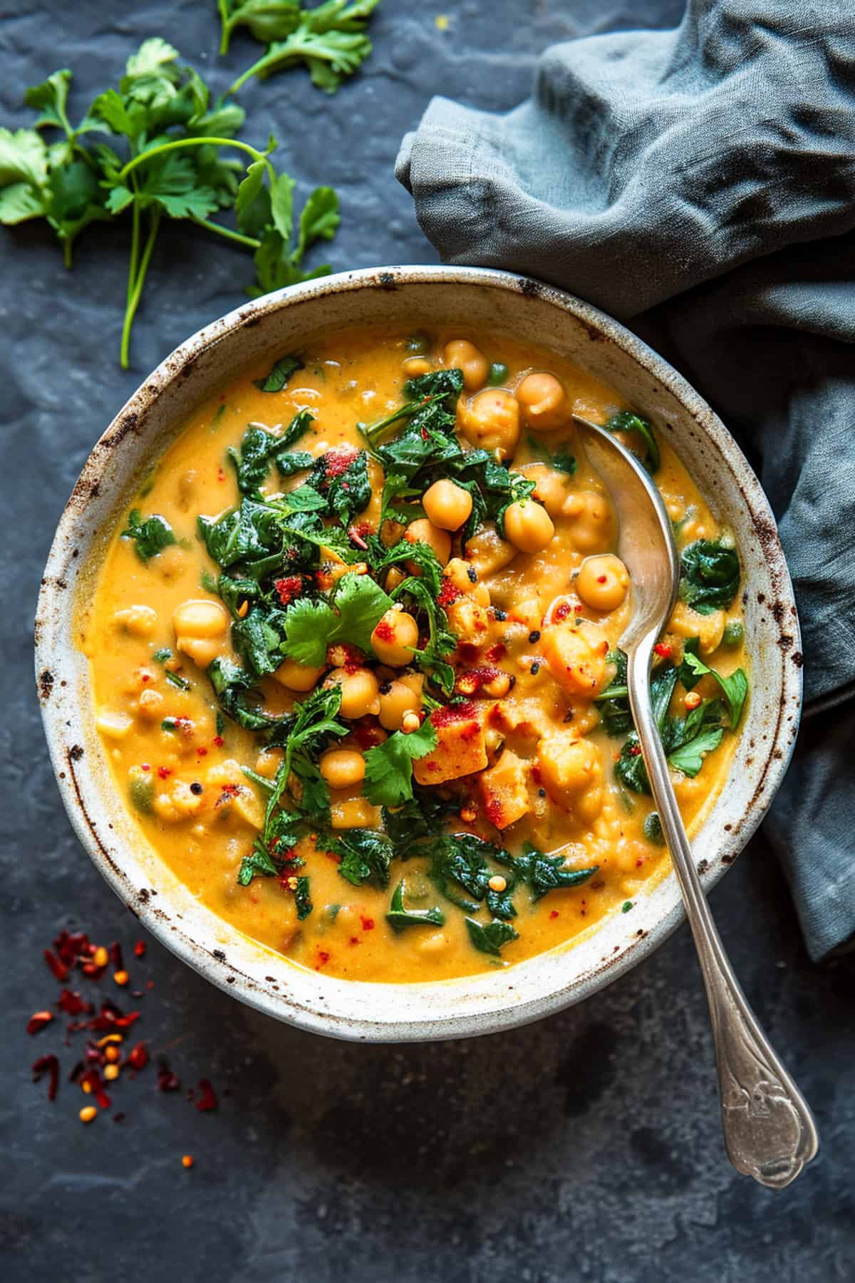 Chick pea coconut curry with spinach and cilantro in a white bowl.