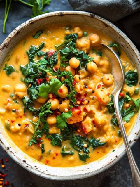 Chick pea coconut curry with spinach and cilantro in a white bowl.