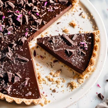 Easy ganache tart in a pastry crust on a white plate.