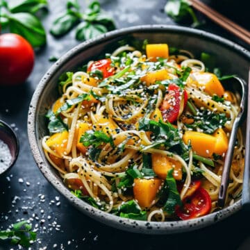 Asian noodle salad with mango and vegetables.