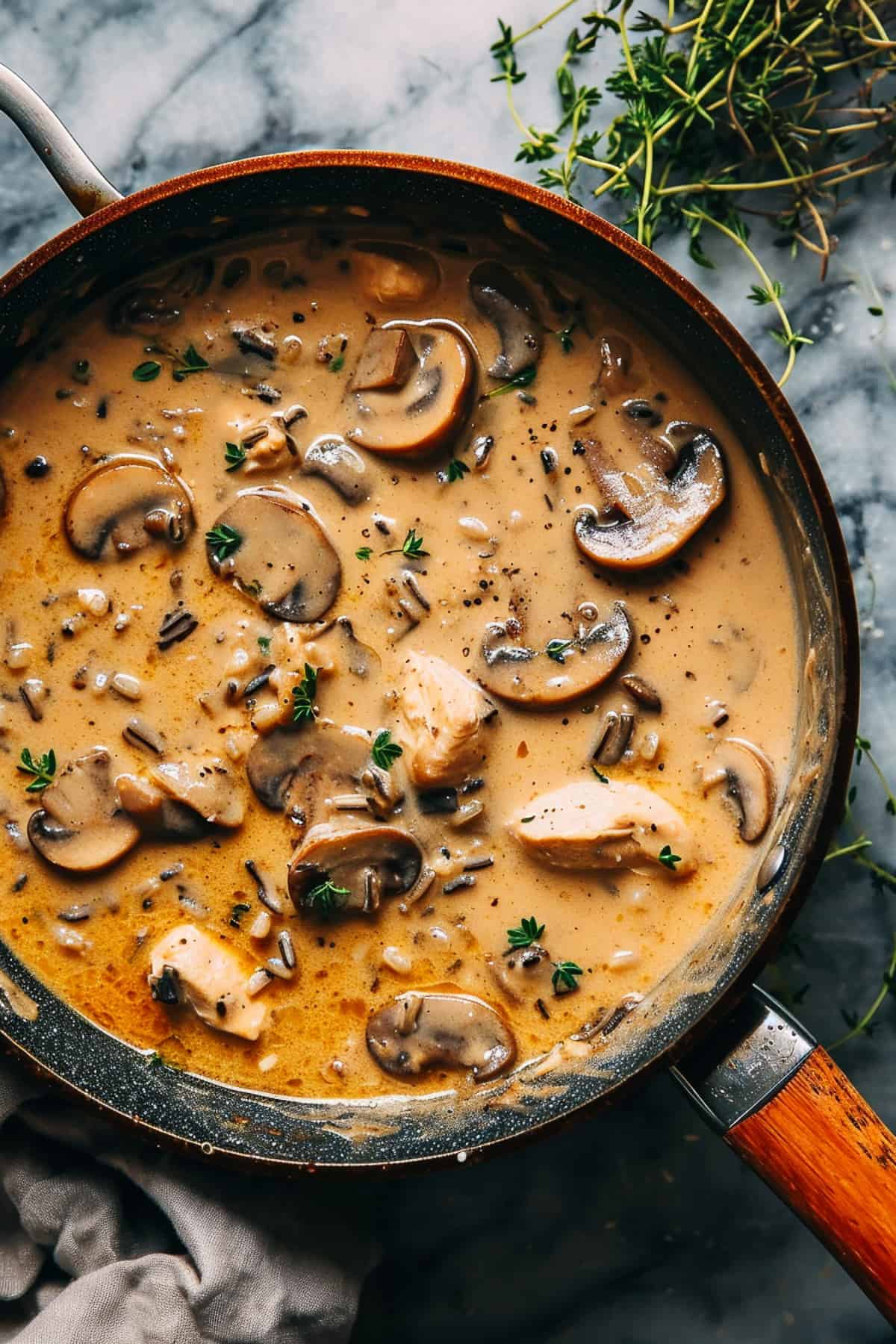 Creamy chicken and wild rice soup with mushrooms.