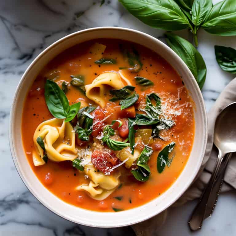 Creamy tomato tortellini soup with parmesan and basil.