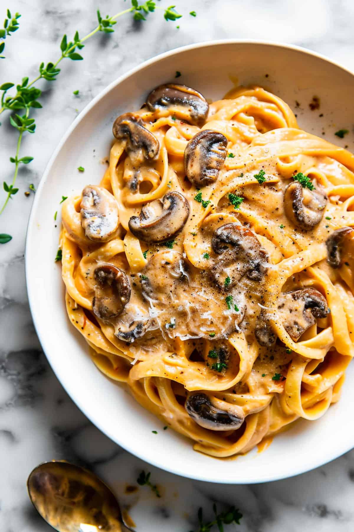 Creamy mushroom and pumpkin fettuccine in a bowl with herbs.