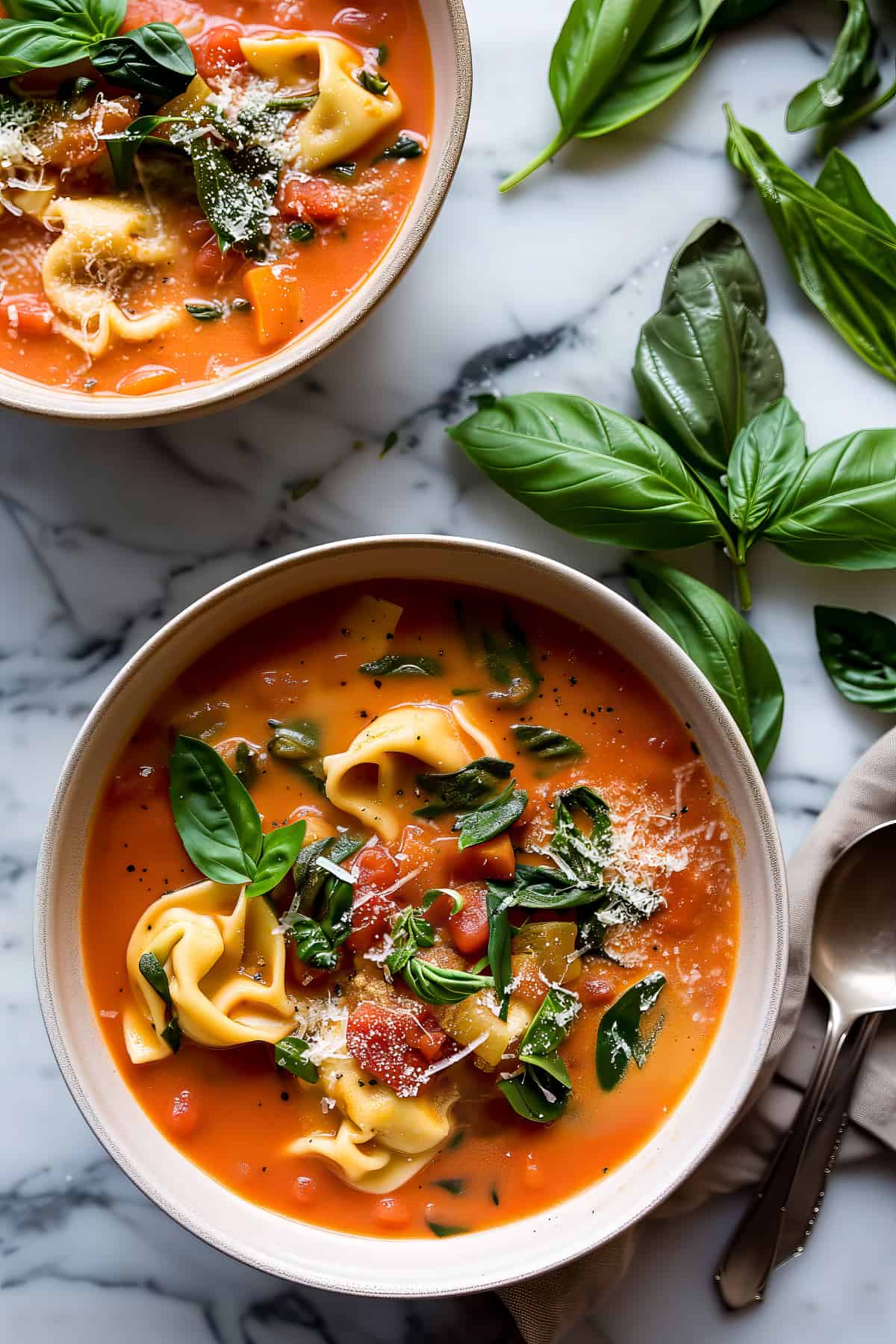 Creamy tomato tortellini soup with parmesan and basil.