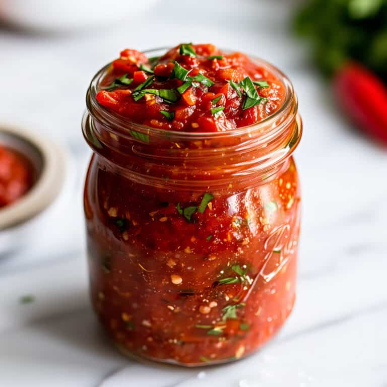 Homemade Arrabbiata pasta sauce in a glass jar.