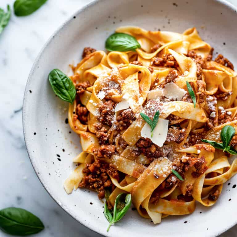 Easy Bolognese spaghetti with parmesan cheese and fresh basil.