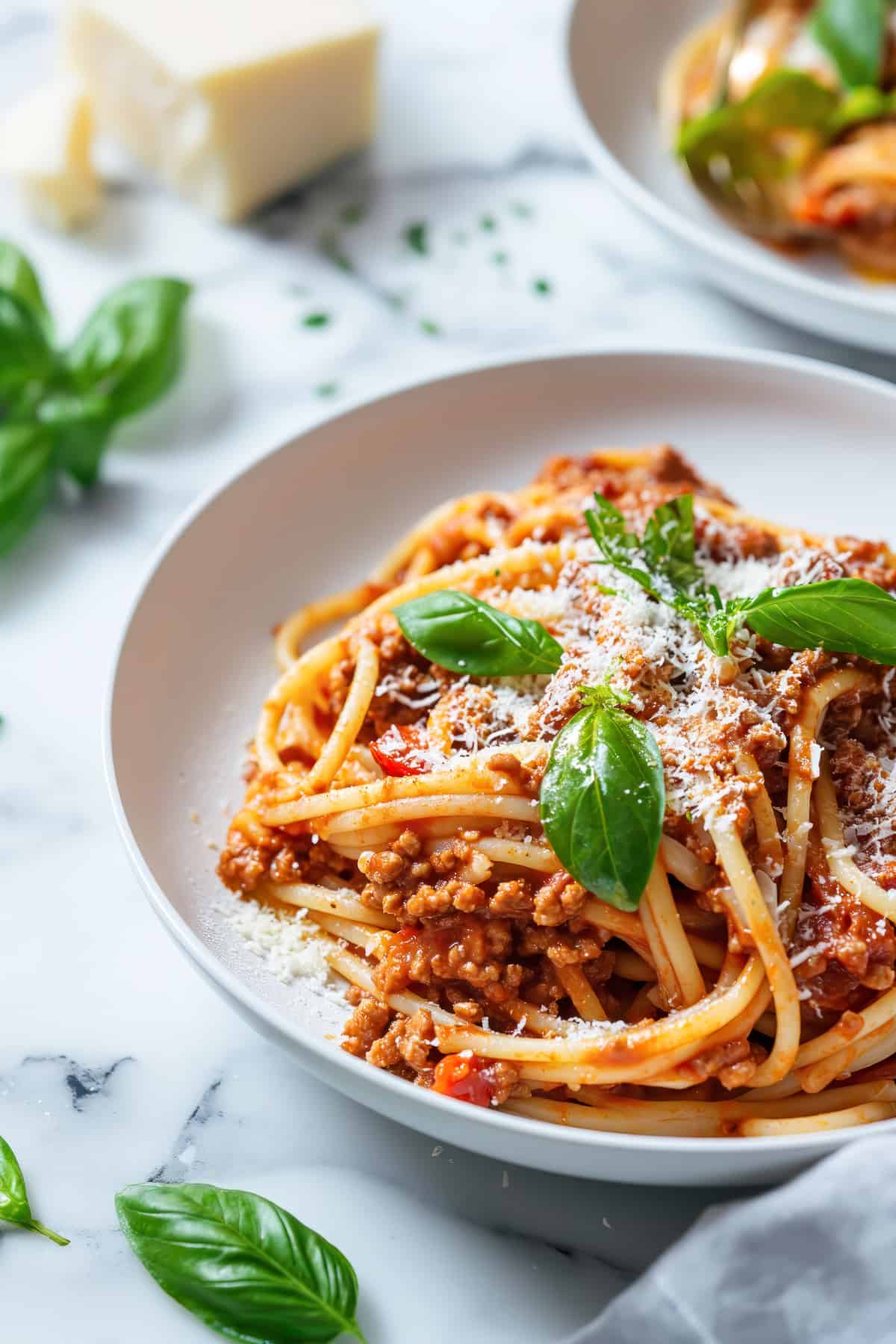 Easy Bolognese spaghetti with parmesan cheese and fresh basil.