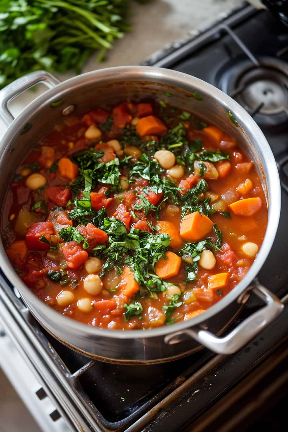 White bean minestrone cooking in a pot on the stove.