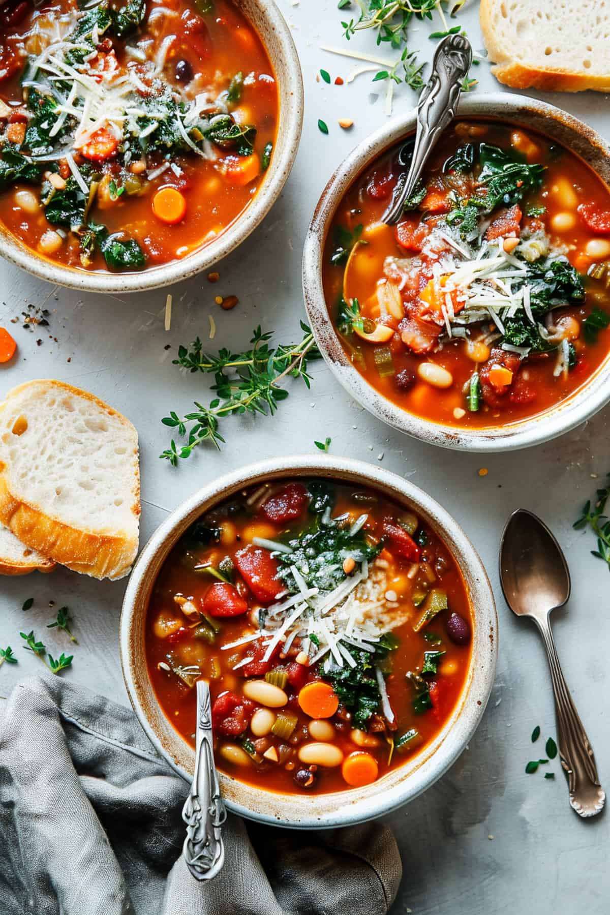 White bean minestrone in a bowl with bread and parmesan cheese.
