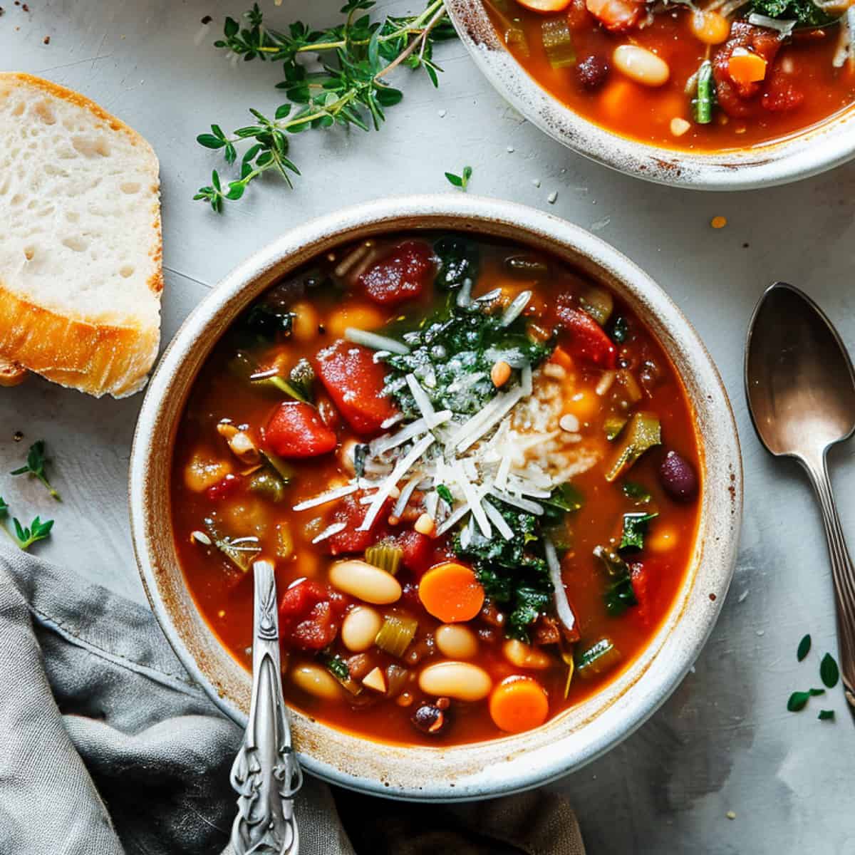 White bean minestrone in a bowl with bread and parmesan cheese.