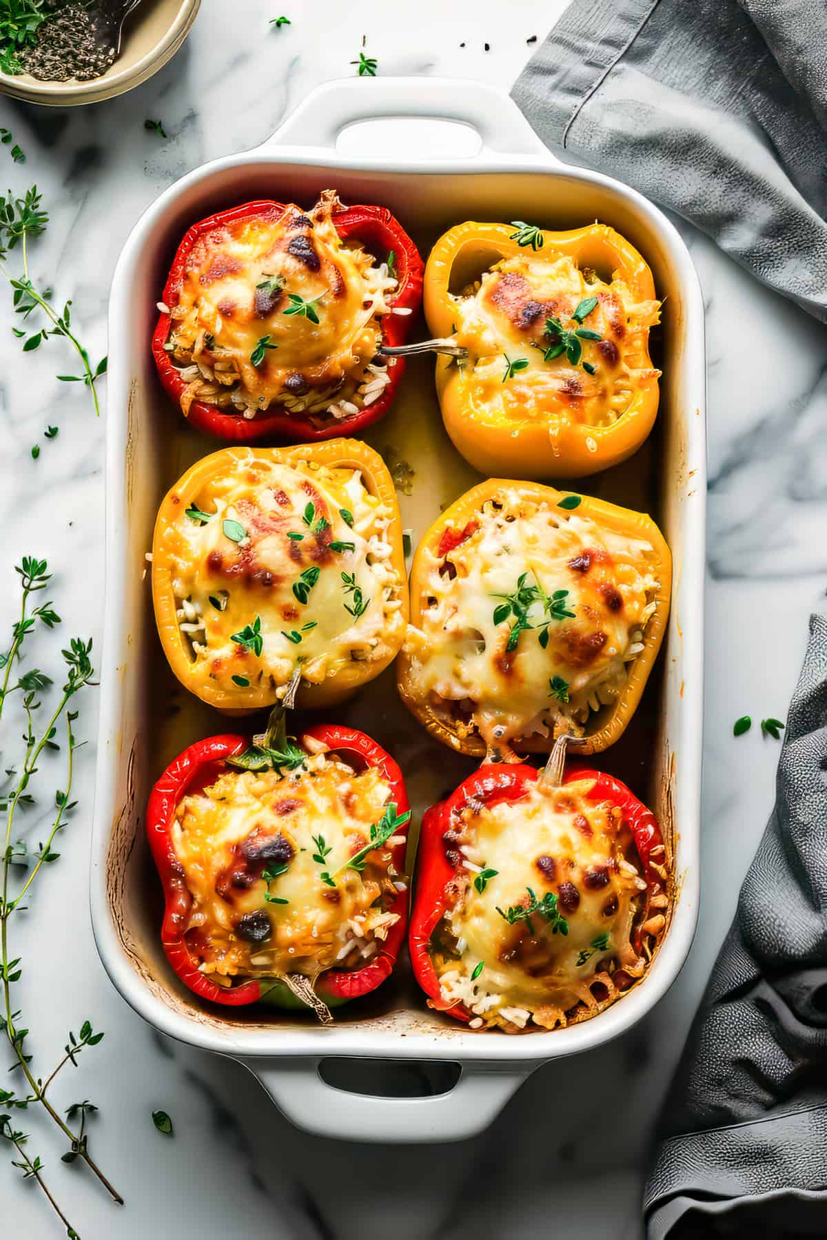Easy stuffed peppers with rice and cheese in a baking dish.