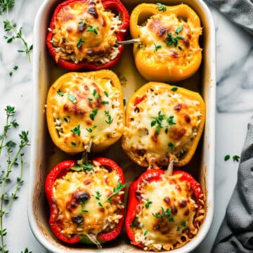 Easy stuffed peppers with rice and cheese in a baking dish.