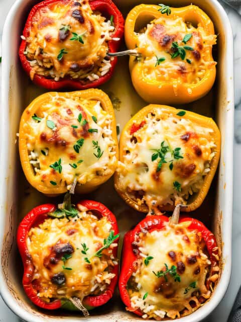 Easy stuffed peppers with rice and cheese in a baking dish.