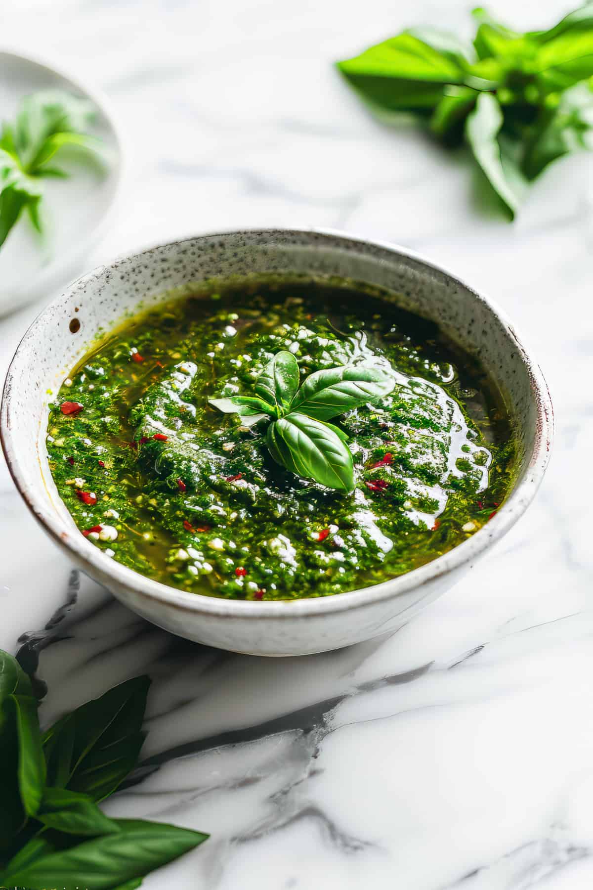 Chimichurri sauce in a white bowl with chili flakes.