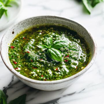 Chimichurri sauce in a white bowl with chili flakes.