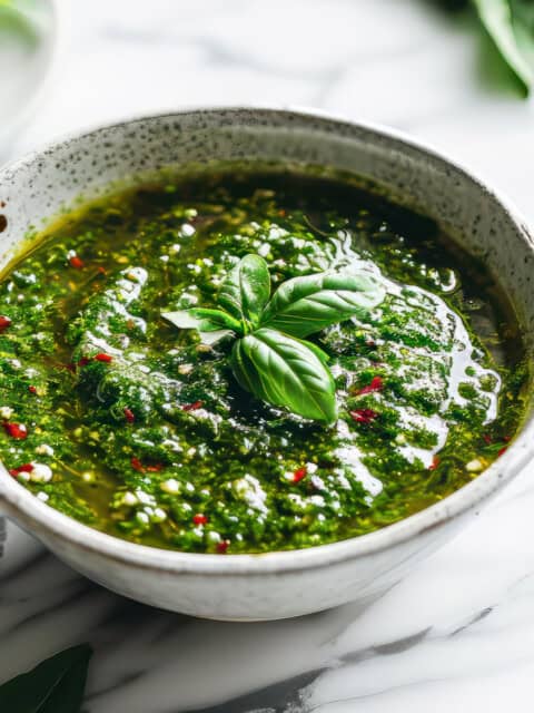 Chimichurri sauce in a white bowl with chili flakes.