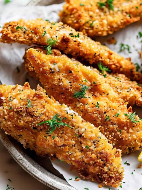 Panko-crusted oven-baked chicken tenders with dipping sauce.