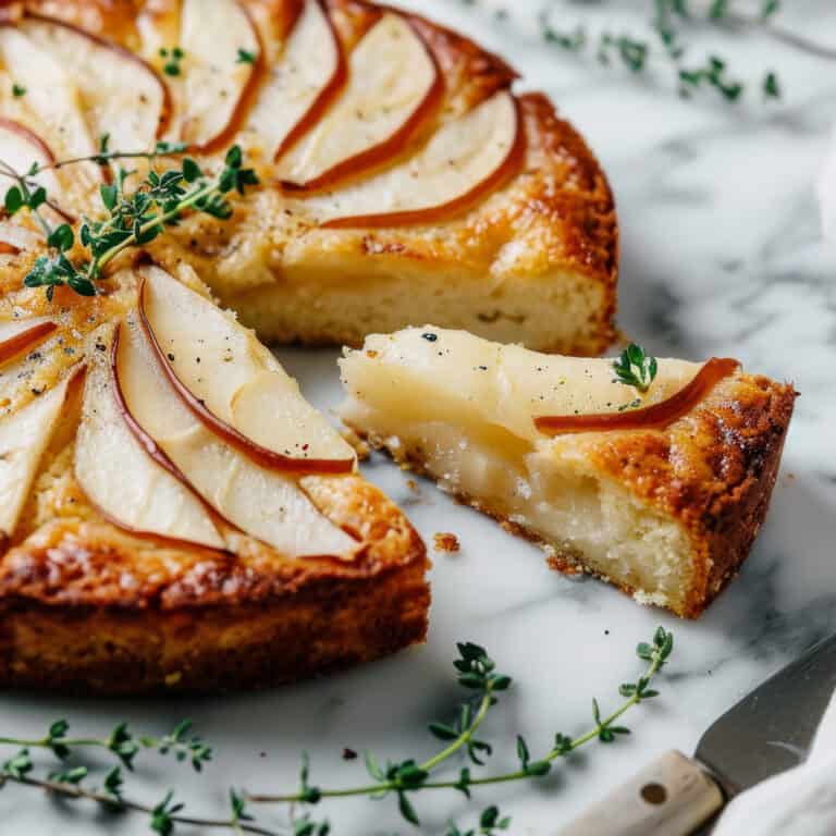 A slice of pear cake on a white table.