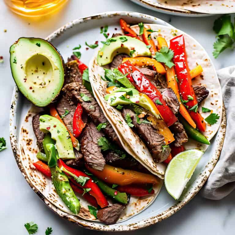 Flank steak fajitas with herbs and avocado in tortillas.